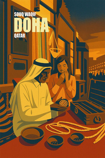 Illustration of two people at a market stall in Doha, Qatar with text 'SOUQ WAQIF DOHA QATAR'.