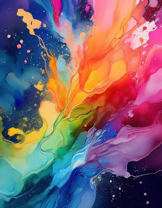 Introducing "Spectrum Spray" by FN Prints, a vibrant abstract digital masterpiece that displays a dynamic burst of swirling colors such as bright yellows, oranges, reds, blues, and purples. This captivating artwork exudes movement and energy against a dark backdrop.