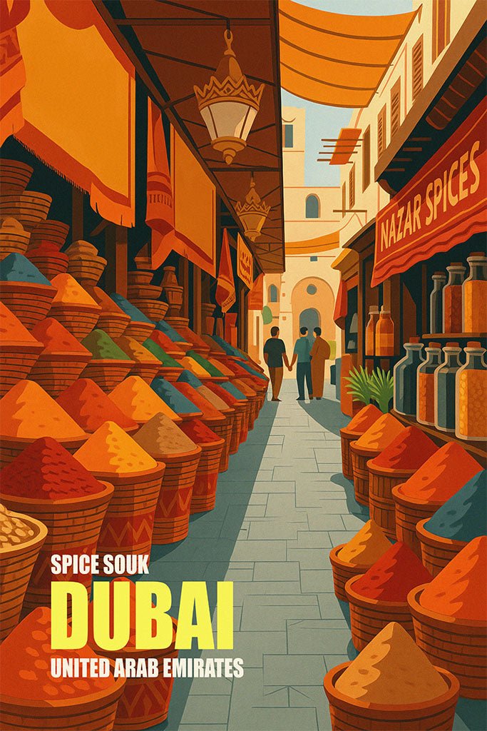 Illustration of Spice Souk in Dubai with colorful spices and people walking.