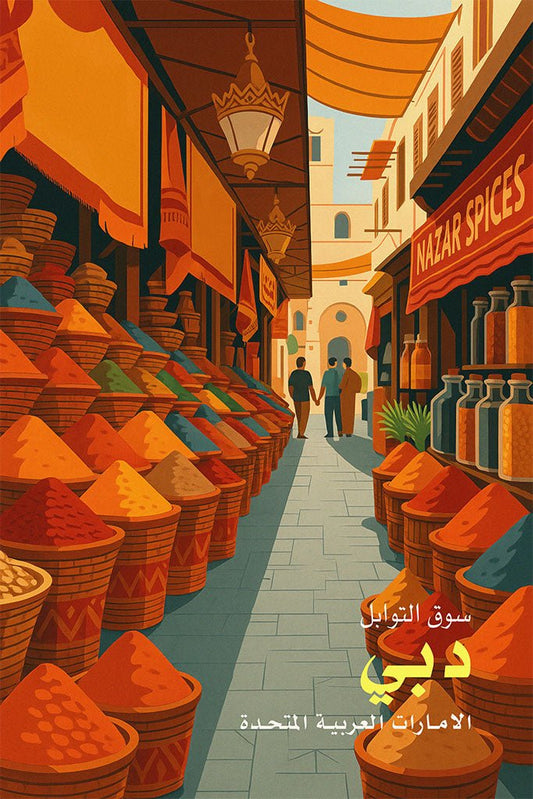 Illustration of Spice Souk in Dubai with colorful spices and people walking.