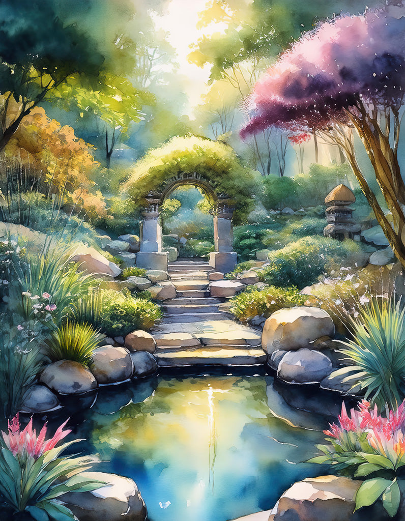 Incorporate the Enchanted Garden from FN Prints into your space, complete with a stone archway surrounded by lush foliage. A flower and rock-lined pathway leads to the archway, its reflection dancing in a tranquil pond. Sunlight filters through the trees, casting a warm glow over this serene scene ideal for peaceful meditation.