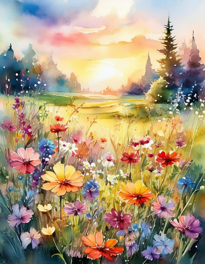 The FN Prints "Spring Wildflower Meadow" digital watercolor artwork showcases a vibrant scene of a spring wildflower meadow at sunset, with blossoms in shades of red, yellow, pink, and purple. The sun sets behind a line of trees, casting a warm golden glow over the picturesque landscape.