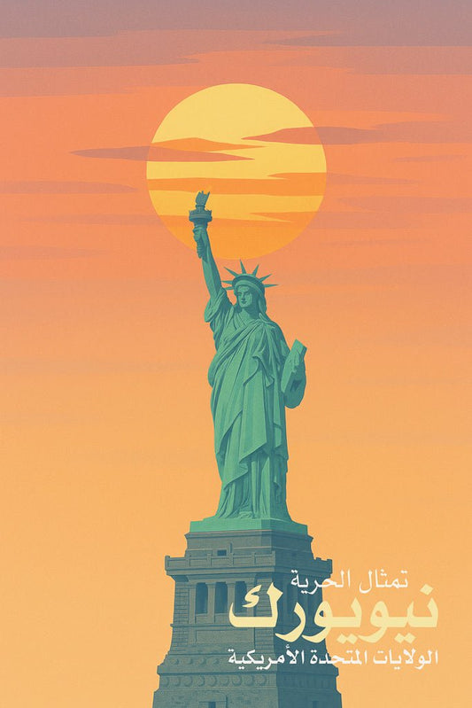 Retro-style illustration of the Statue of Liberty (تمثال الحرية) in New York (نيويورك), silhouetted against a warm sunset sky.