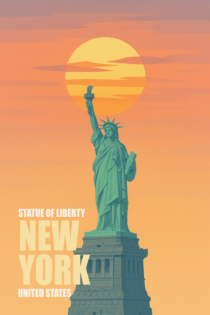 Retro-style illustration of the Statue of Liberty (تمثال الحرية) in New York (نيويورك), silhouetted against a warm sunset sky.