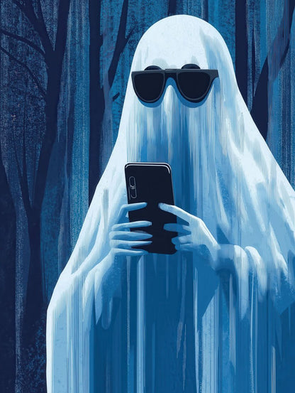 In the digital artwork titled "Still Checking Insta..." by FN Prints, a ghost adorned in sunglasses and clutching a smartphone stands enveloped in a shadowy forest. Wrapped in a white sheet, the phantom merges seamlessly into the deep blue tones of its surroundings, capturing an enigmatic essence of supernatural technology.