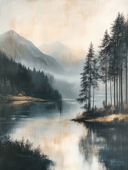 Peaceful misty mountain lake print with pines and soft dawn light. A calming landscape for tranquil interiors.