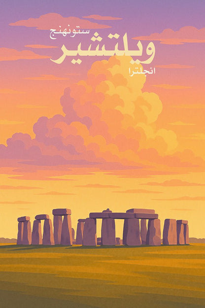 Minimalist sunset illustration of Stonehenge (ستونهنج) in Wiltshire (ويلتشير), England, with purple clouds and golden light.