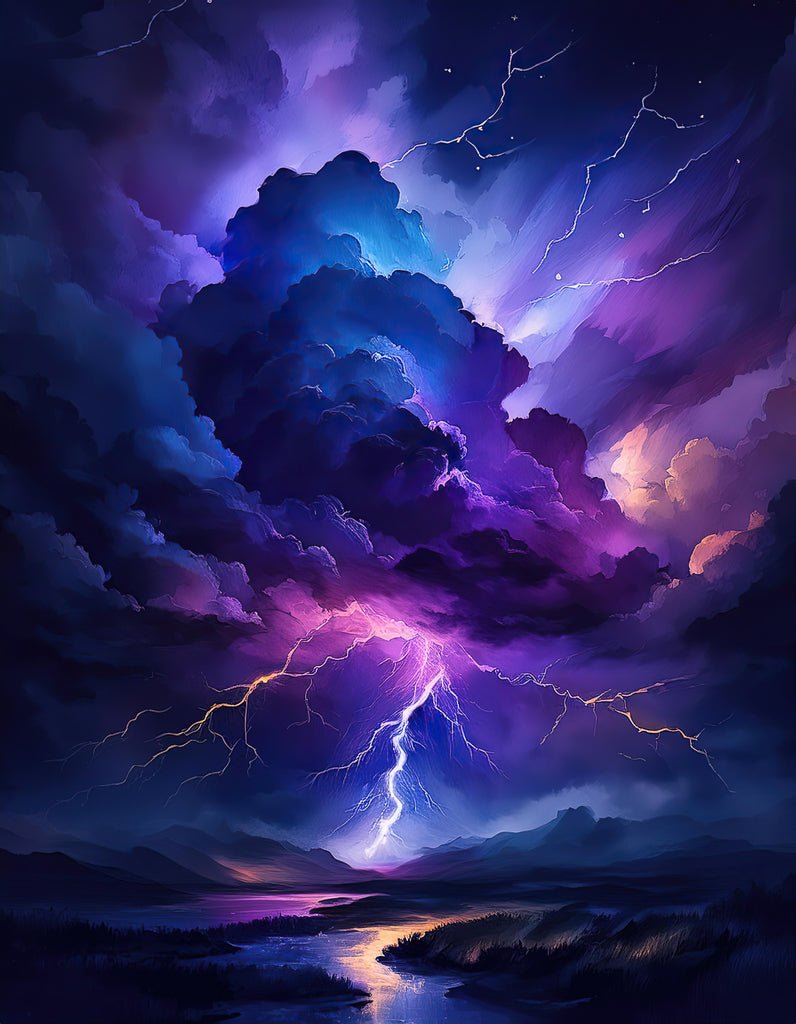 A dramatic, vibrant illustration from FN Prints called "Stormy Sky" depicts a nighttime landscape during a thunderstorm. Dark, swirling clouds dominate the sky, illuminated by bright purple and blue lightning bolts. A winding river below reflects the intense colors of nature's grandeur in digital watercolor.