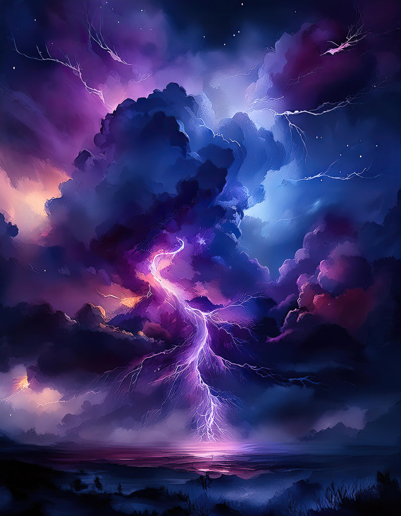 Lightning Swirls by FN Prints captures a powerful nighttime lightning storm over a rugged mountain landscape. The sky is filled with dark, swirling clouds lit up by vibrant hues of purple, blue, and pink. A bolt of lightning strikes the ground, illuminating the scene like a digital watercolor masterpiece under a starry night sky.