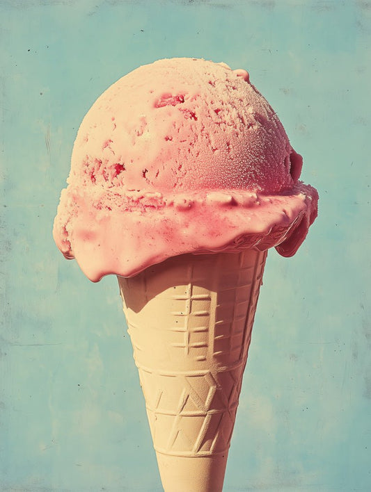 Pop art poster of a single pink strawberry ice cream scoop on a cone, against a sky-blue background with vintage textures.