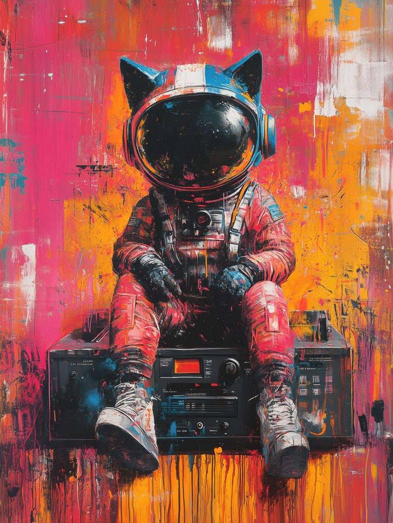 Cat in a neon red-orange astronaut suit and helmet sitting on a retro stereo against a vibrant pink, orange, and blue background.