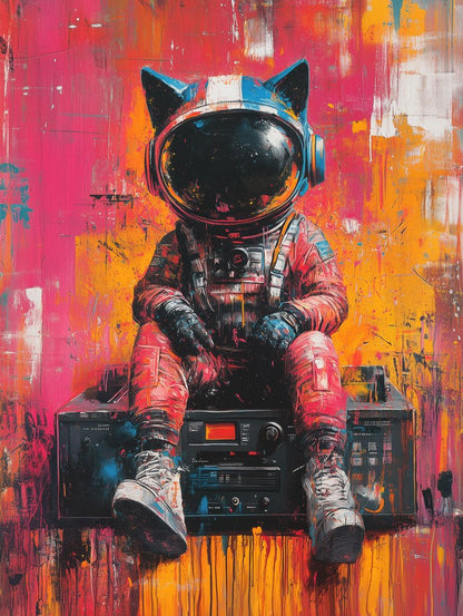 Cat in a neon red-orange astronaut suit and helmet sitting on a retro stereo against a vibrant pink, orange, and blue background.