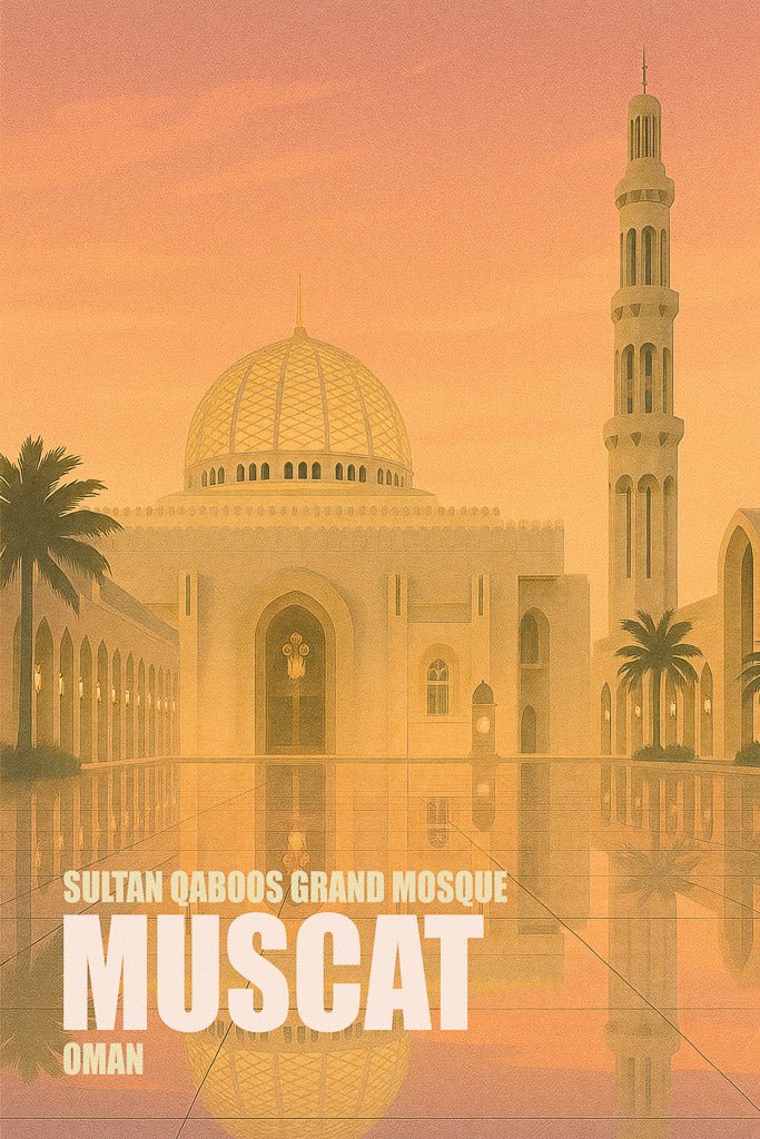 Stylized travel art of جامع السلطان قابوس الأكبر (Sultan Qaboos Grand Mosque) in مسقط، عمان (Muscat, Oman) at sunset with dome and minaret reflected on marble courtyard.