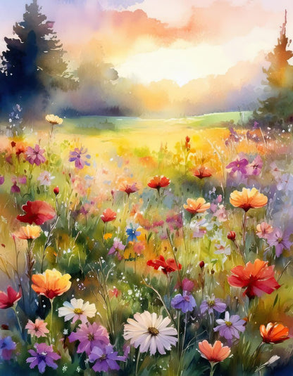 The "Summer Wildflower Meadow" digital watercolour artwork by FN Prints beautifully captures a vibrant, sunlit meadow teeming with a colorful array of wildflowers in full bloom. Red, purple, and white flowers merge seamlessly with tall grass, while the horizon glows with golden light against a hazy, pastel sky—making it an ideal addition to your home decor.