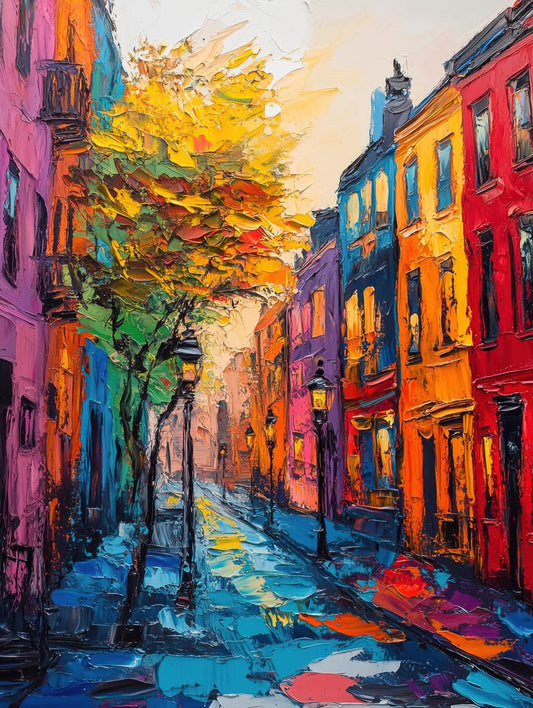 Colorful painting of a city alley at sunset with warm-toned buildings, glowing street lamps, and a bright golden tree.