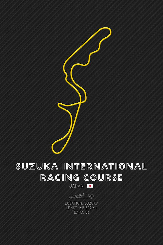Minimalist art print of the Suzuka Circuit in yellow, featuring the F1 track layout against a dark background, capturing the essence of Japanese motorsport.
