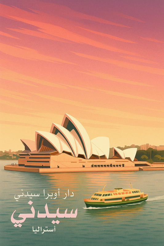 Stylized travel poster of دار أوبرا سيدني (Sydney Opera House) with a ferry on the harbour at sunset, showing Sydney’s iconic architecture in warm golden tones.