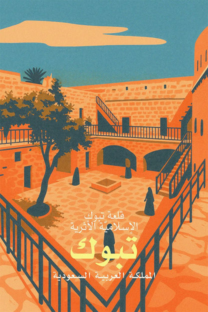 Illustration of Tabuk Archaeological Castle in Saudi Arabia with a blue sky and orange building.