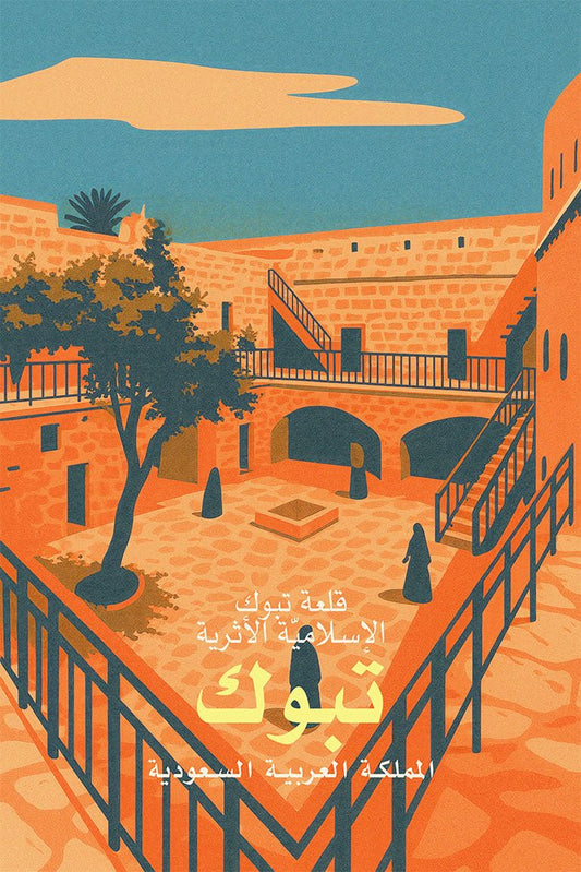 Illustration of Tabuk Archaeological Castle in Saudi Arabia with a blue sky and orange building.