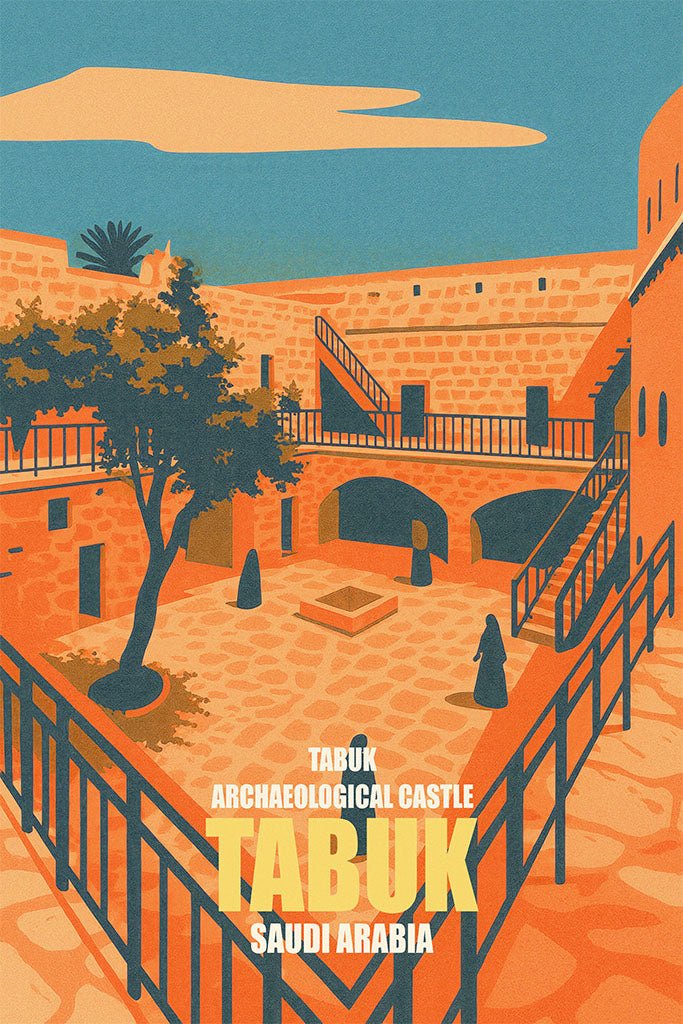 Illustration of Tabuk Archaeological Castle in Saudi Arabia with a blue sky and orange building.