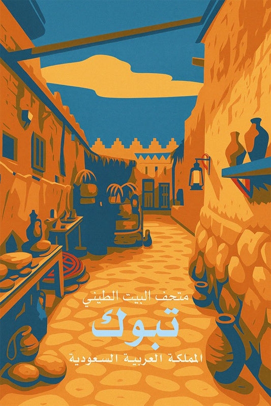 Illustration of a street scene in Tabuk, Saudi Arabia with traditional architecture and decor.