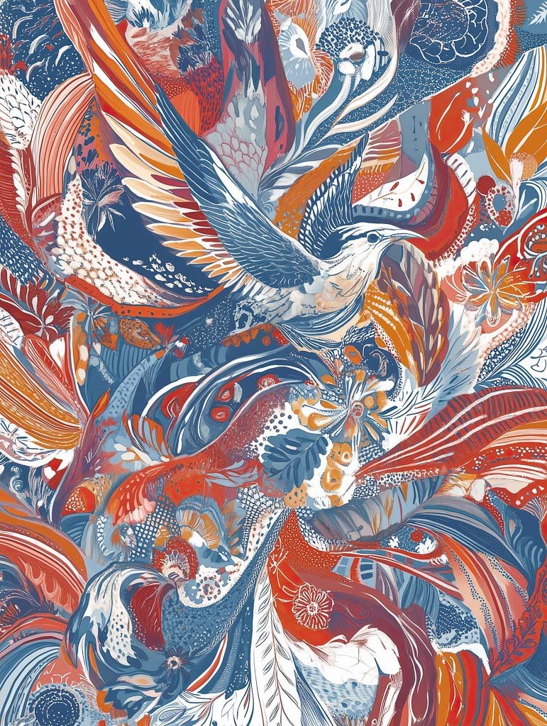 The Tapestry of Flight by FN Prints is an intricate illustration resembling a vintage tapestry with birds and foliage intertwined in swirling patterns, featuring predominant shades of orange, blue, and white for a lively and dynamic composition.