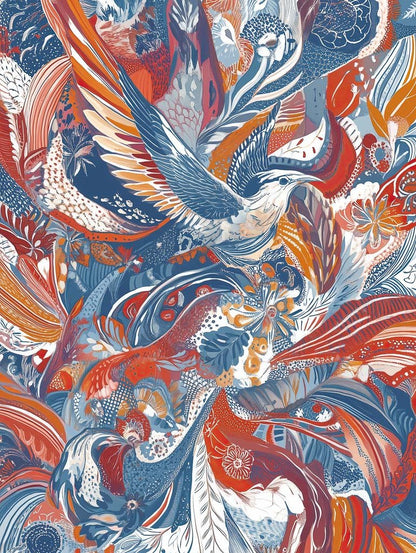 The Tapestry of Flight by FN Prints is an intricate illustration resembling a vintage tapestry with birds and foliage intertwined in swirling patterns, featuring predominant shades of orange, blue, and white for a lively and dynamic composition.