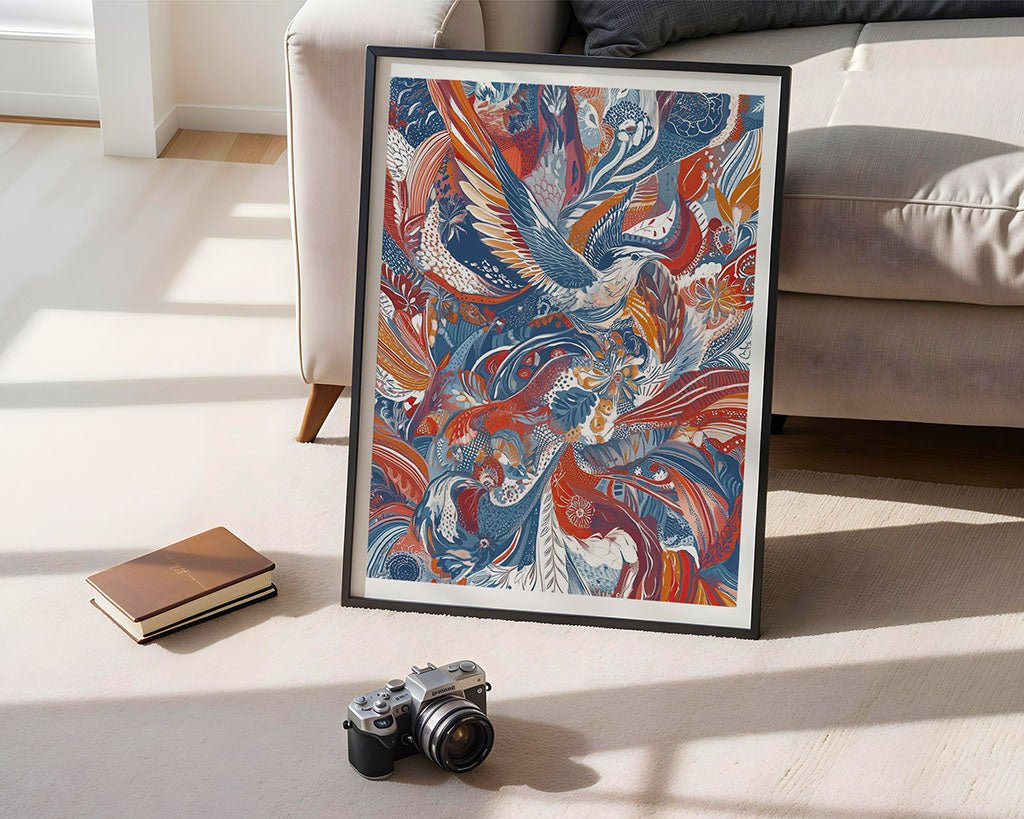 The FN Prints "Tapestry of Flight" framed artwork, displaying vibrant patterns of birds and leaves, rests against a sofa in a sunlit room. A vintage camera and closed notebook on the wooden floor complete the charmingly nostalgic scene.