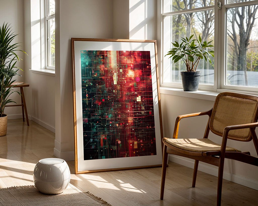 The artwork "Techno Haze" by FN Prints, featuring abstract geometric patterns and digital elements, leans against the wall in a room with wooden floors. Natural light pours through large windows, accentuating the trippy graphic design. Nearby, a potted plant and a wicker chair complement the scene, along with a small white stool on the floor.