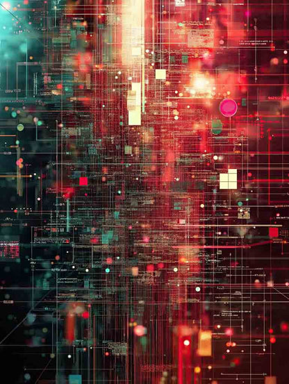 Experience FN Prints' "Techno Haze," a digital artwork that features an abstract grid of lines and geometric shapes in vibrant red, green, and yellow hues. This retro-futuristic design exudes a dynamic ambiance with interconnected dots and patterns reminiscent of a circuit board.