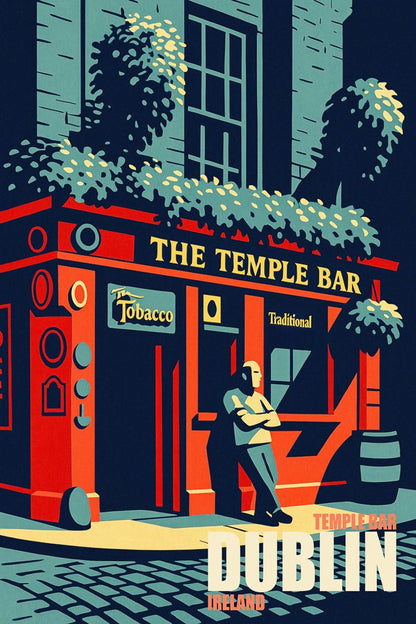 Illustration of Temple Bar pub in Dublin, Ireland in retro travel poster style with bold colours and English script.