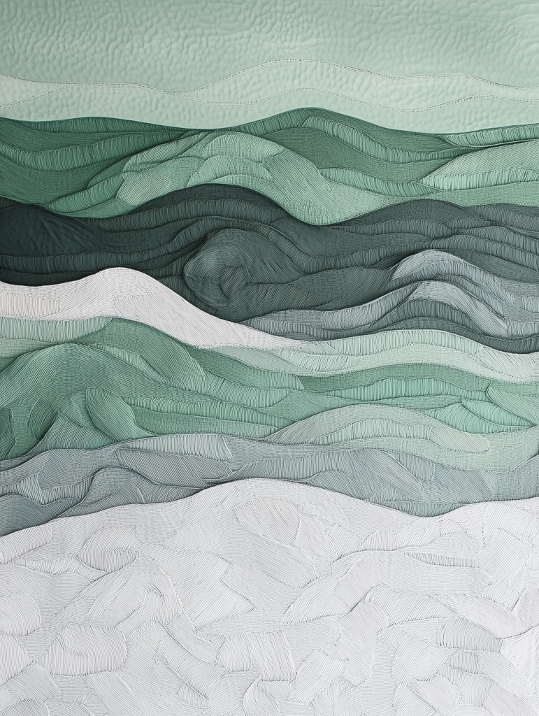 Abstract watercolor artwork of textured green waves in soft, undulating lines, creating a peaceful and calming atmosphere in natural tones.
