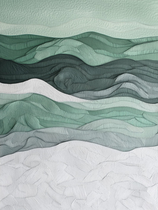 Abstract watercolor artwork of textured green waves in soft, undulating lines, creating a peaceful and calming atmosphere in natural tones.