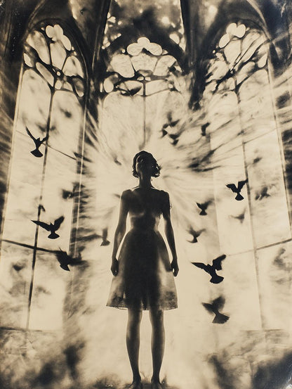 A silhouetted figure stands in front of dramatic windows, framed by birds in flight, as light rays filter through. This creates a captivating spectacle with shadows on the ground reminiscent of cyanotype photography, mirroring "The Birds" by FN Prints.