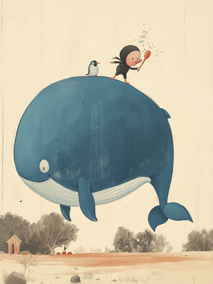 The Boy, The Penguin And The Whale" by FN Prints is a whimsical digital art poster ideal for kids' rooms, showcasing a blue whale floating with a person and penguin aboard. The person wields a red paddle as they fly over sparse landscapes with trees and a small building.