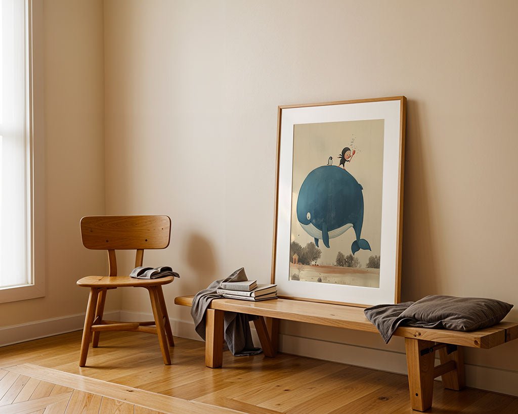 A minimalist room with wooden flooring features a chair and bench. A FN Prints digital art poster, "The Boy, The Penguin And The Whale," leans against the wall, adding whimsy. A book and blankets rest on the furniture as light filters through a window on the left.