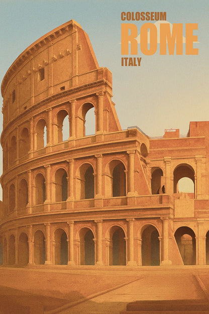 Illustration of the Colosseum in Rome, Italy under golden evening light in a vintage travel poster style.