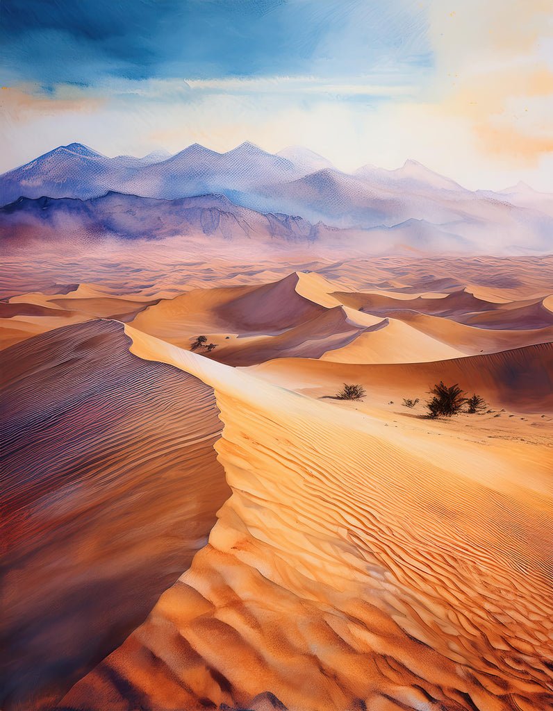 The Desert by FN Prints captures a vast Middle Eastern desert landscape with rolling sand dunes under a cloudy blue sky. The sun casts shadows, creating textures and patterns on the sand. Faintly visible mountain ranges adorn the horizon. Sparse vegetation dots the arid terrain, enhancing its serene beauty.