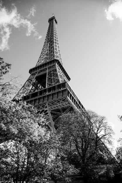 The FN Prints "Eiffel Tower: Part II" art print beautifully captures the iconic iron lattice structure of the Eiffel Tower from a low angle, majestically rising above trees beneath a partly cloudy sky. This timeless black and white photograph evokes the enchanting elegance of Paris.