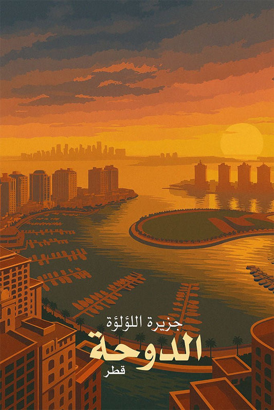 Illustration of Doha, Qatar with a sunset over the cityscape and The Pearl.