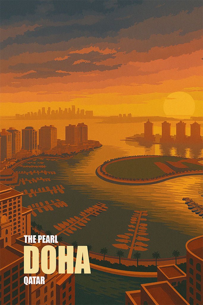 Illustration of Doha, Qatar with a sunset over the cityscape and The Pearl.