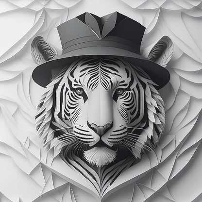 Discover FN Prints' "Tiger In A Hat" digital artwork, which presents an exquisite vintage-style paper art illustration. This design highlights intricate layers of white and gray paper that bring the tiger's face and details to life in a captivating three-dimensional style.