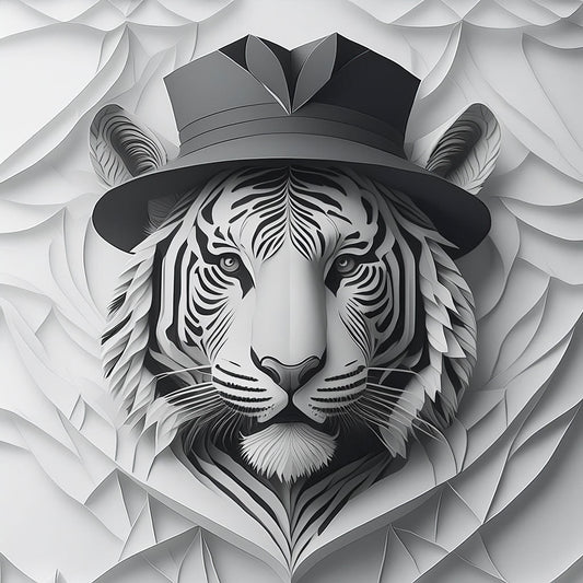 Discover FN Prints' "Tiger In A Hat" digital artwork, which presents an exquisite vintage-style paper art illustration. This design highlights intricate layers of white and gray paper that bring the tiger's face and details to life in a captivating three-dimensional style.