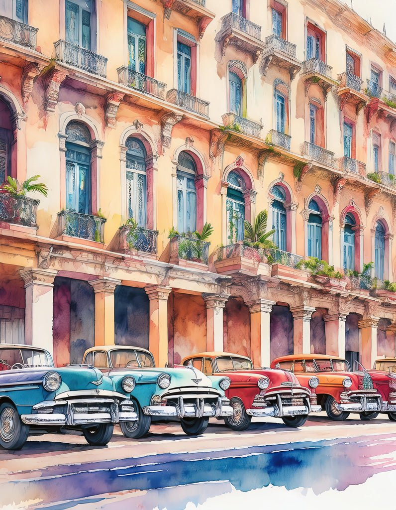 A captivating street scene showcases a row of vibrant vintage cars parked before an elegant, multi-story colonial building adorned with arches, balconies, and lush green plants. This depiction epitomizes the charm of Timeless Havana from FN Prints, rendered in a lively watercolor style that beautifully captures both nostalgia and vibrancy.