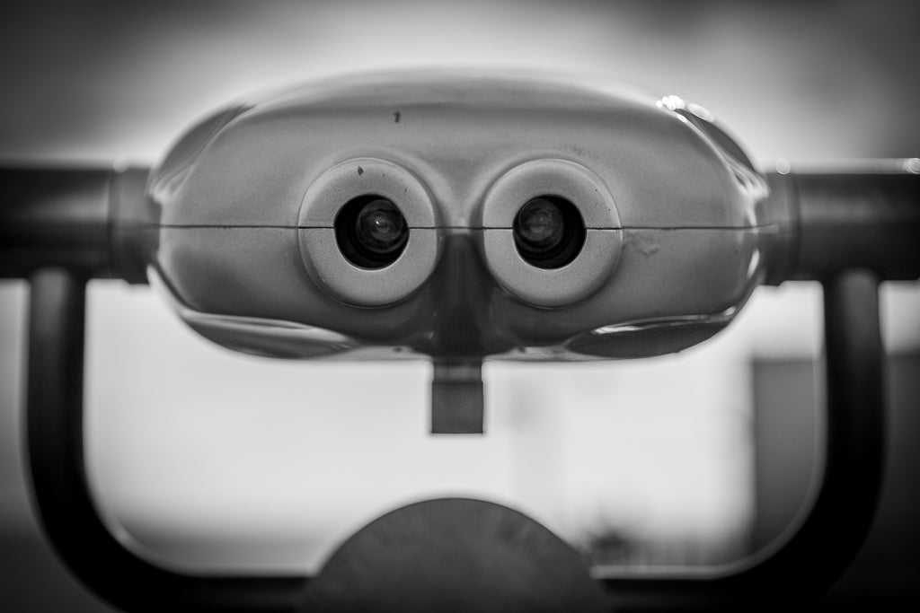 Black and white close-up of the FN Prints **Touristic Telescope Eyes**, resembling abstract photography. This coin-operated binocular viewer features two large lenses, akin to eyes, and is mounted on a metal stand with handles on both sides. The background is blurred.