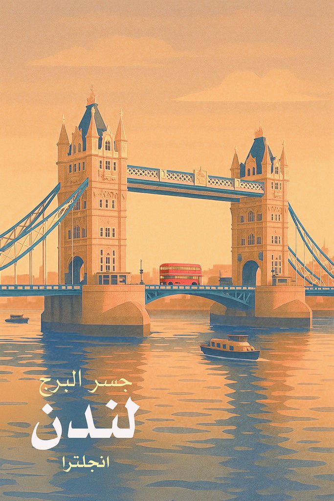 Illustrated poster of Tower Bridge (جسر البرج) in London, England at sunset, with a red bus crossing the bridge and reflections on the River Thames.