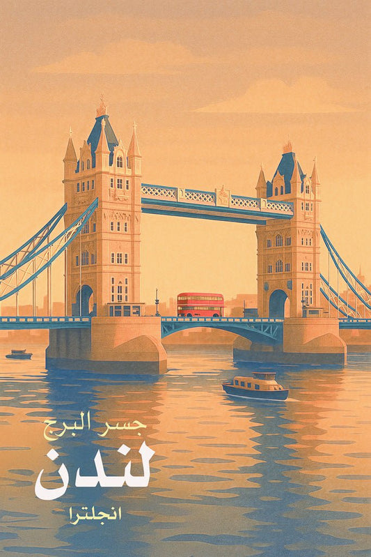 Illustrated poster of Tower Bridge (جسر البرج) in London, England at sunset, with a red bus crossing the bridge and reflections on the River Thames.