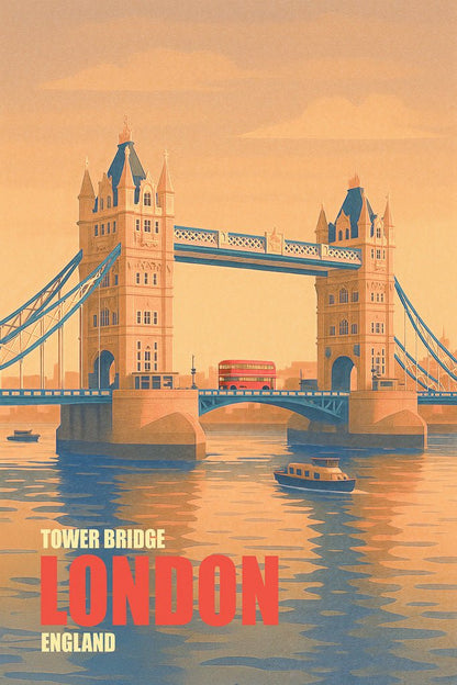 Illustrated poster of Tower Bridge (جسر البرج) in London, England at sunset, with a red bus crossing the bridge and reflections on the River Thames.