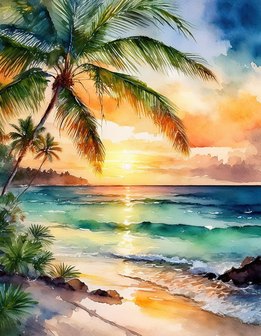 The "Tranquil Beach Scene" digital watercolor painting by FN Prints vividly portrays a serene beach at sunset. Gentle waves caress the sandy shore, framed by luxuriant palm trees. The sky bursts with shades of orange, pink, and blue as the sun dips below the horizon, casting enchanting reflections on the water and enhancing its tropical allure.