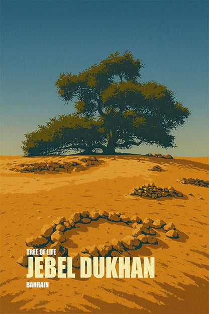 Illustration of a large tree in a desert landscape with 'Jebel Dukhan' text.